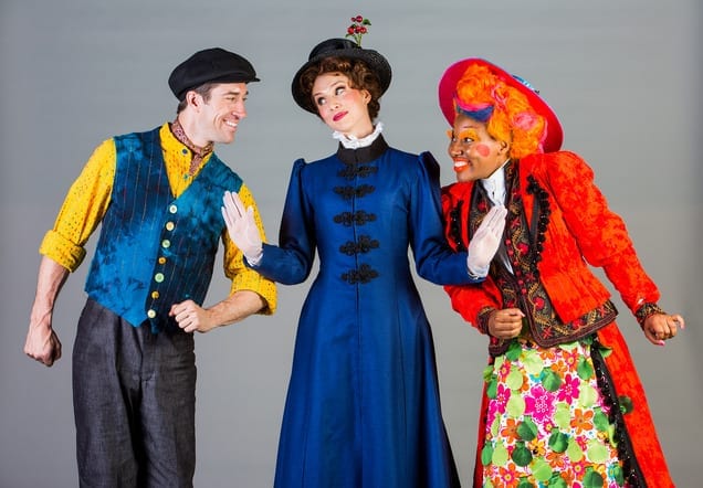 Left to right: Jesse Swimm as Burt, Gail Bennett as Mary Poppins, and Joël René as Mrs. Corry