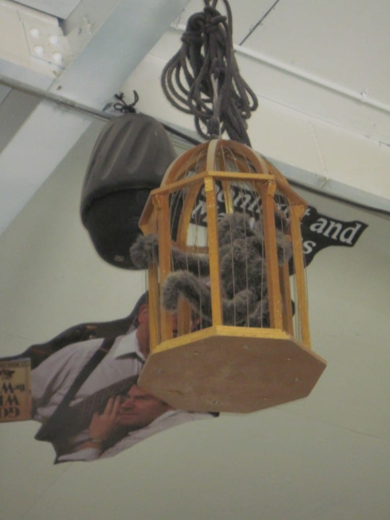 Space constraints sometimes require items to be stored by hanging from the ceilings. Here a caged monkey from a past season is stored high above the prop shop employees' heads.