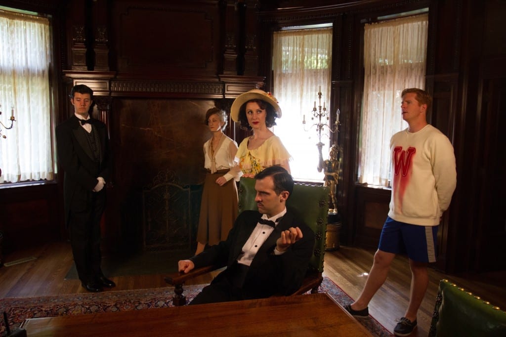  L-R: Jaron Barney (Clive), Tia Speros (Miss Tweed), Laura Hall (Hope), Joseph Medeiros (Nigel) and Will Ray (Geoffrey). Photo by Brent Uberty at the McCune Mansion.