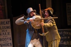 Chris Amos (left) as Antipholus of Syracuse and Aaron Galligan-Stierle as Dromio of Syracuse in the Utah Shakespeare Festival’s 2014 production of The Comedy of Errors. (Photo by Karl Hugh. Copyright Utah Shakespeare Festival 2014.)