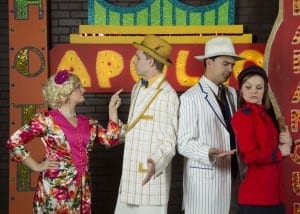 Left to right: Alyssa Orme as Adelaide, Bryan Thacker as Nathan Detroit, Corey Morris as Sky Masterson, and Cheyenne Lee as Sarah Brown in SCERA's Guys and Dolls.