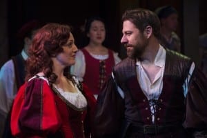 Melinda Pfundstein (left) as Katherine and Brian Vaughn as Petruchio in the Utah Shakespeare Festival’s 2015 production of The Taming of the Shrew. (Photo by Karl Hugh. Copyright Utah Shakespeare Festival 2015.) Show closes September 5, 2015.