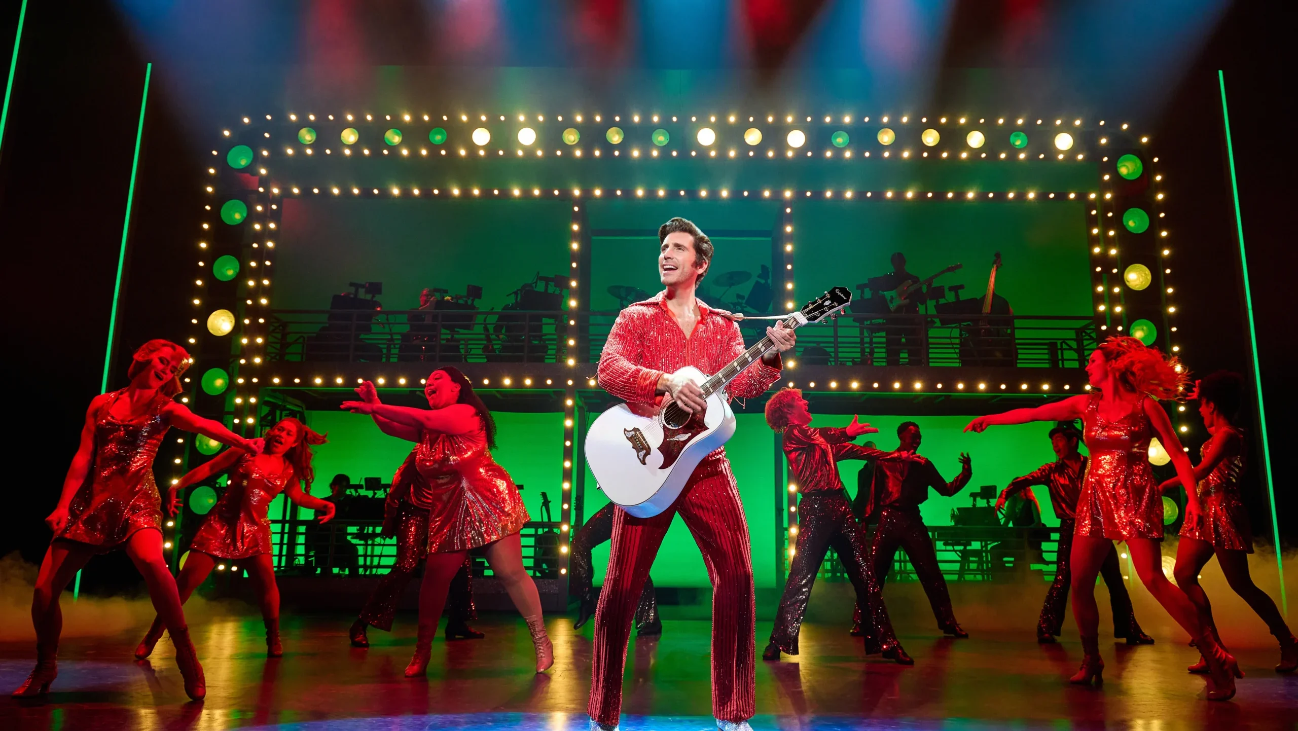 05_Nick Fradiani as 'Neil - Then' (center) with 'The Noise' and the Band in A Beautiful Noise_ The Neil Diamond Musical - Photo credit Jeremy Daniel